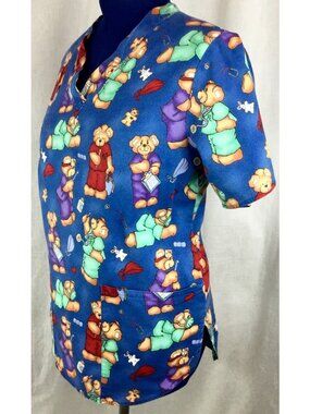 Y2K Scrub Top Women M Blue Bear Kidcore Dr Nurse Print Medical Uniform Shirt VTG